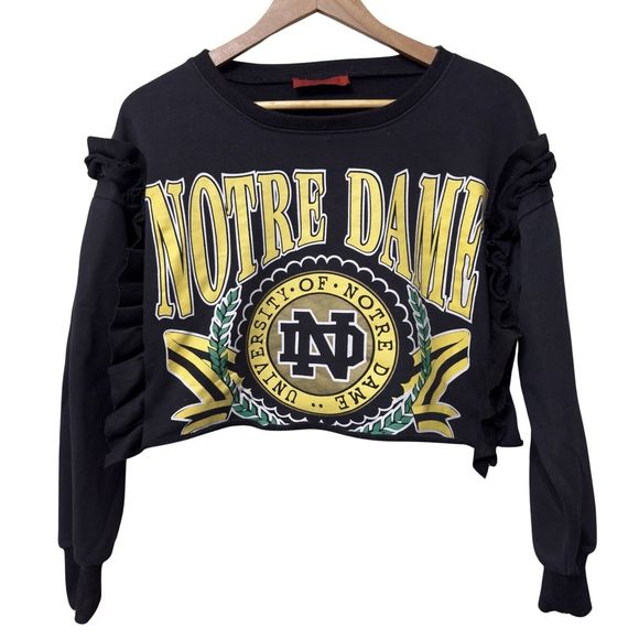 SIGNATURE 8 Womens S/M University of Notre Dame Cropped Sweatshirt Ruffle Sleeve - Picture 1 of 15